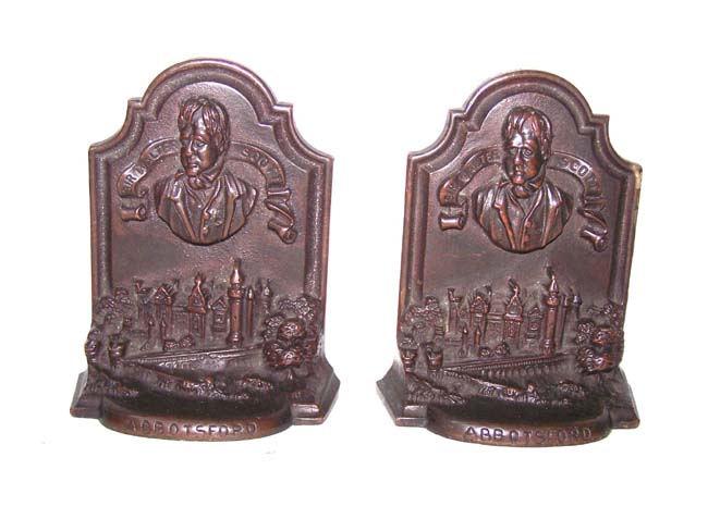 A Very Fine Pair of Antique Solid Bronze Bookends depicting Sir Walter Scott and his home 'Abbotsford' circa 1900.
